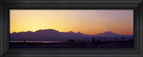 Framed Silhouette of a golf course with Sinai Mountains in the background, The Cascades Golf &amp; Country Club, Soma Bay, Hurghada, Egypt Print