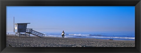 Framed Rear view of a surfer on the beach, Santa Monica, Los Angeles County, California, USA Print