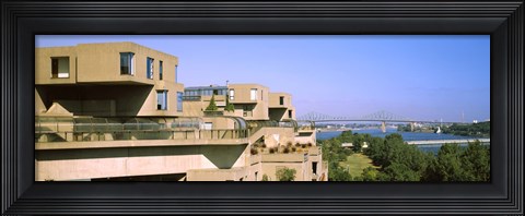 Framed Housing complex with a bridge in the background, Habitat 67, Jacques Cartier Bridge, Montreal, Quebec, Canada Print