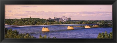 Framed Bridge across a river with Montreal Biosphere in the background, Pont De La Concorde, Montreal, Quebec, Canada Print