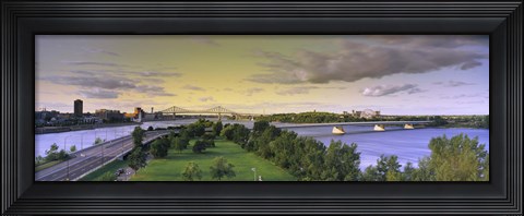 Framed Bridges across a river, Jacques Cartier Bridge, Pont De La Concorde, Montreal, Quebec, Canada Print