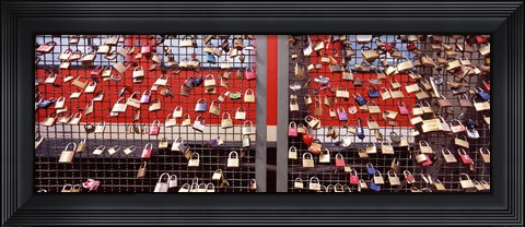 Framed Locks of Love on a fence against a Red Background, Hohenzollern Bridge, Cologne, North Rhine Westphalia, Germany Print