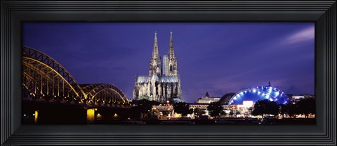 Framed City at dusk, Musical Dome, Cologne Cathedral, Hohenzollern Bridge, Rhine River, Cologne, North Rhine Westphalia, Germany Print
