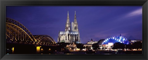 Framed City at dusk, Musical Dome, Cologne Cathedral, Hohenzollern Bridge, Rhine River, Cologne, North Rhine Westphalia, Germany Print