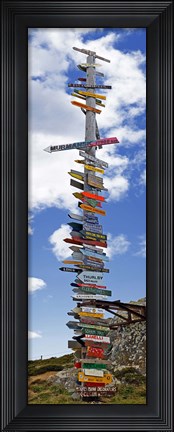 Framed Sign post showing distances to various countries, Stanley, Falkland Islands Print
