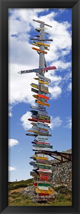 Framed Sign post showing distances to various countries, Stanley, Falkland Islands Print