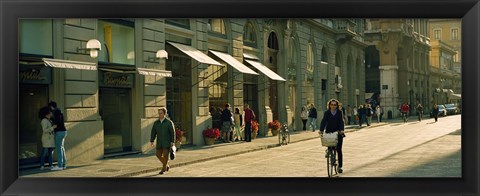 Framed Cyclists and pedestrians on a street, City Center, Florence, Tuscany, Italy Print