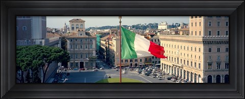 Framed Italian flag fluttering with city in the background, Piazza Venezia, Vittorio Emmanuel II Monument, Rome, Italy Print