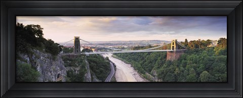 Framed Bridge across a river at sunset, Clifton Suspension Bridge, Avon Gorge, Avon River, Bristol, England Print