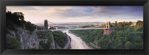 Framed Bridge across a river at sunset, Clifton Suspension Bridge, Avon Gorge, Avon River, Bristol, England Print