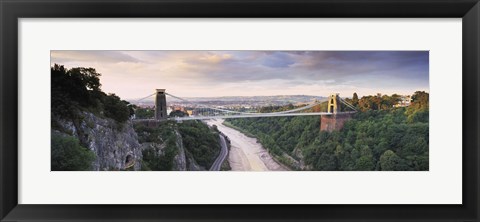 Framed Bridge across a river at sunset, Clifton Suspension Bridge, Avon Gorge, Avon River, Bristol, England Print