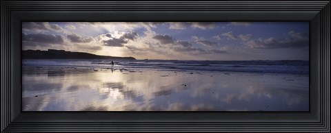 Framed Reflection of clouds on the beach, Fistral Beach, Cornwall, England Print