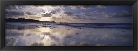 Framed Reflection of clouds on the beach, Fistral Beach, Cornwall, England Print