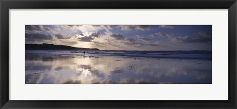 Framed Reflection of clouds on the beach, Fistral Beach, Cornwall, England Print