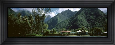 Framed Mountains and buildings at the coast, Tahiti, Society Islands, French Polynesia Print