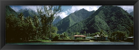 Framed Mountains and buildings at the coast, Tahiti, Society Islands, French Polynesia Print