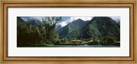 Framed Mountains and buildings at the coast, Tahiti, Society Islands, French Polynesia Print