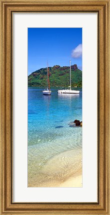 Framed Sailboats in the ocean, Tahiti, Society Islands, French Polynesia (vertical) Print