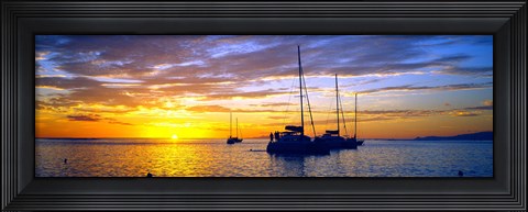 Framed Silhouette of sailboats in the ocean at sunset, Tahiti, Society Islands, French Polynesia Print