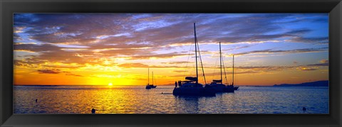 Framed Silhouette of sailboats in the ocean at sunset, Tahiti, Society Islands, French Polynesia Print