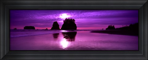 Framed Silhouette of sea stacks at sunset, Second Beach, Washington State Print