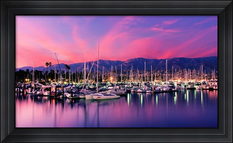 Framed Boats moored in harbor at sunset, Santa Barbara Harbor, Santa Barbara County, California, USA Print