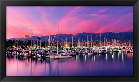 Framed Boats moored in harbor at sunset, Santa Barbara Harbor, Santa Barbara County, California, USA Print