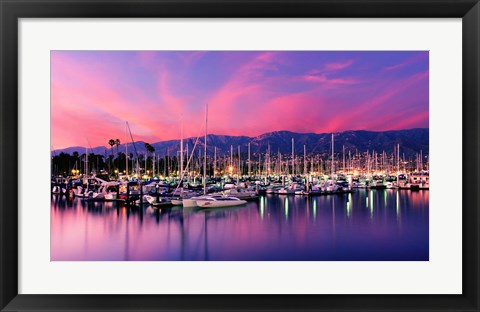 Framed Boats moored in harbor at sunset, Santa Barbara Harbor, Santa Barbara County, California, USA Print