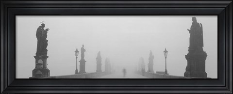 Framed Statues and lampposts on a bridge, Charles Bridge, Prague, Czech Republic (black and white) Print