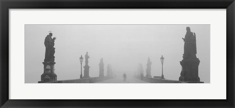 Framed Statues and lampposts on a bridge, Charles Bridge, Prague, Czech Republic (black and white) Print