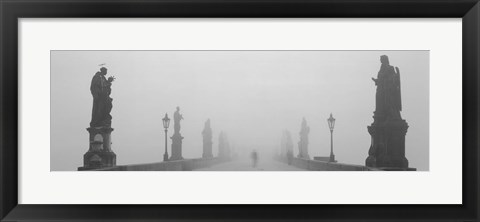 Framed Statues and lampposts on a bridge, Charles Bridge, Prague, Czech Republic (black and white) Print