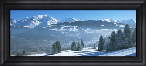 Framed Trees with snow covered mountains in winter, Combloux, Mont Blanc Massif, Haute-Savoie, Rhone-Alpes, France Print
