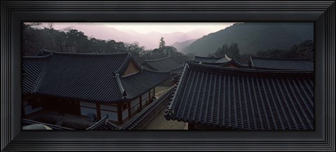 Framed Buddhist temple with mountain range in the background, Kayasan Mountains, Haeinsa Temple, Gyeongsang Province, South Korea Print
