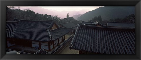 Framed Buddhist temple with mountain range in the background, Kayasan Mountains, Haeinsa Temple, Gyeongsang Province, South Korea Print