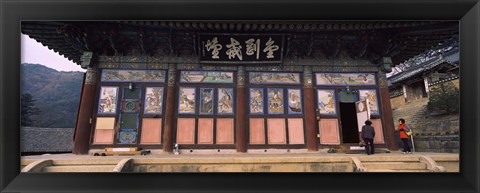 Framed Buddhist temple with a mountain range in the background, Kayasan Mountains, Haeinsa Temple, Gyeongsang Province, South Korea Print