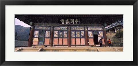 Framed Buddhist temple with a mountain range in the background, Kayasan Mountains, Haeinsa Temple, Gyeongsang Province, South Korea Print