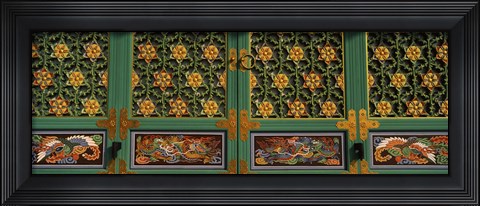 Framed Paintings on the door of a Buddhist temple, Kayasan Mountains, Haeinsa Temple, Gyeongsang Province, South Korea Print