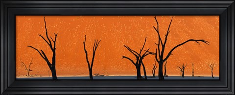 Framed Dead trees by red sand dunes, Dead Vlei, Namib-Naukluft National Park, Namibia Print