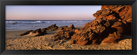 Framed Rock formations on the beach, Carrapateira Beach, Algarve, Portugal Print