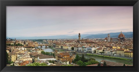 Framed Buildings in a city, Ponte Vecchio, Arno River, Duomo Santa Maria Del Fiore, Florence, Italy Print