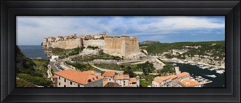 Framed Castle on a hill, Bonifacio Harbour, Corsica, France Print