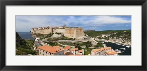 Framed Castle on a hill, Bonifacio Harbour, Corsica, France Print