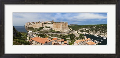 Framed Castle on a hill, Bonifacio Harbour, Corsica, France Print