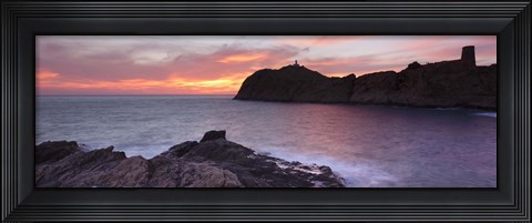 Framed Islands in the sea, La Pietra, Genoese Tower, Phare De La Pietra, L&#39;Ile-Rousse, Balagne, Corsica, France Print