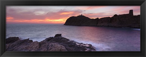 Framed Islands in the sea, La Pietra, Genoese Tower, Phare De La Pietra, L&#39;Ile-Rousse, Balagne, Corsica, France Print