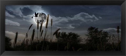 Framed Stork with a baby flying over moon Print