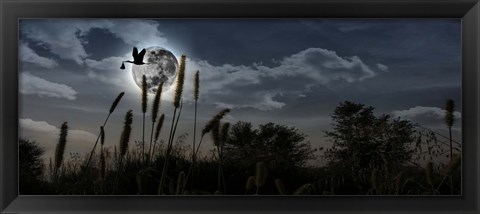 Framed Stork with a baby flying over moon Print