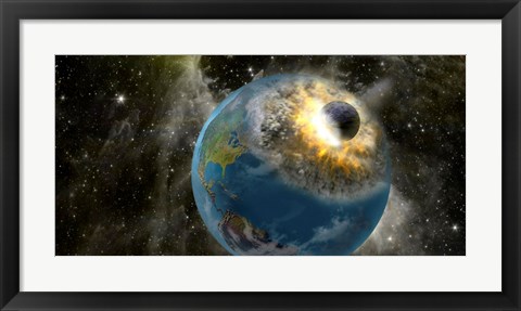 Framed Earth being hit by a planet killing meteorite Print