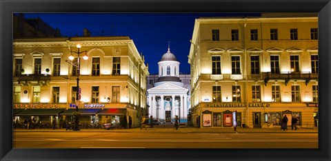 Framed Buildings in a city lit up at night, Nevskiy Prospekt, St. Petersburg, Russia Print