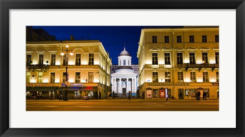 Framed Buildings in a city lit up at night, Nevskiy Prospekt, St. Petersburg, Russia Print